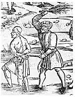 Illustration d'un homme fustigé au XVIè siècle, sous le Saint-Empire romain germanique.
