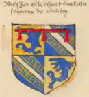 Écartelé aux 1 et 4 d'or au dauphin pâmé d'azur (Dauphins d'Auvergne) et aux 2 et 3 d’azur à la bande d’argent, cotoyée de deux cotices potencées et contre-potencées d’or, au lambel de gueules brochant sur le tout (Comtes de Sancerre).