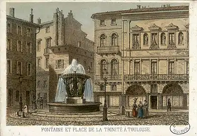 « Fontaine et place de la Trinité à Toulouse » (lithographie de Charles Mercereau, milieu du XIXe siècle).
