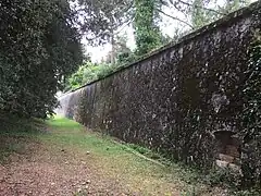 Mur d'enceinte de deux cents mètres de long environ, vue sur escalier pas de souris