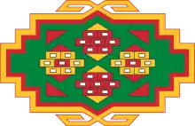 Dessin géométrique à symétries horizontale et verticale aux couleurs rouge, verte et jaune.