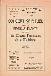 programme du concert du 5 avril 1922 donné par Francis Planté à l'église de la Madeleine de Mont-de-Marsan