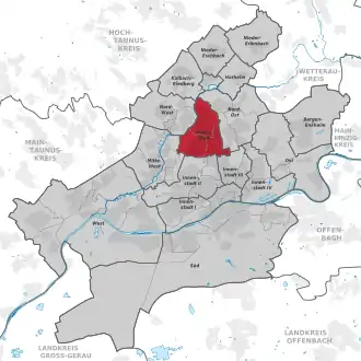 Carte situant l'arrondissement (en rouge) au sein du reste de la ville (en gris)