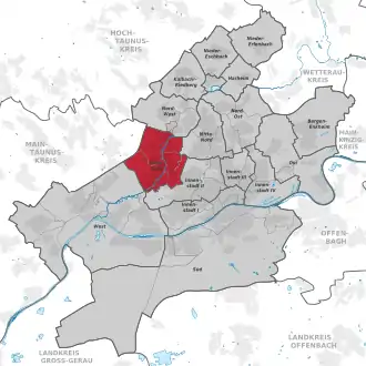 Carte situant l'arrondissement (en rouge) au sein du reste de la ville (en gris)