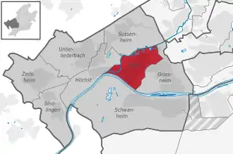 Carte situant le quartier (en rouge) au sein l'arrondissement (en gris foncé) et du reste de la ville (en gris clair)