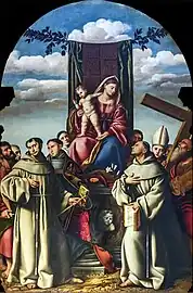 Madonna col Bambino in trono con santi francescani, Bernardino Licinio.