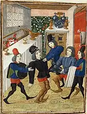 Illustration en couleurs d'un homme mourant tenu par d'autres hommes.