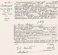 Acte de décès de Gabrielle Dudevant-Sand. Opérée d'une tumeur au mois de janvier 1909, son état de santé déjà fragilisé, se dégrade rapidement à la suite d'une grippe. Gabrielle meurt le 27 juin 1909 au château de Nohant, à l'âge de 41 ans.