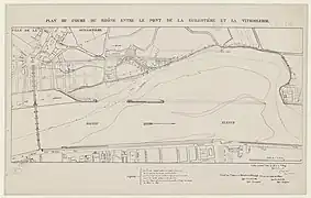 Plan Garella de 1833, montrant l'aboutissement d'un ruisseau (bras sud de la Rize) dans la lône de Bèchevelin, à la Guillotière.