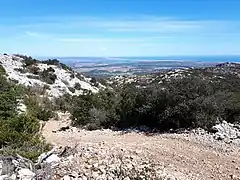 Paysage de garrigue dans l'angle sud-ouest de la commune. Vue vers le nord-est depuis les collines calcaires du Jurassique supérieur et du Crétacé inférieur. Au loin, au centre : le village de Roquefort-des-Corbières (avec Sigean et l'Étang de Bages-Sigean au-delà).
