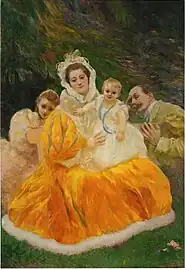 La Robe jaune (1896), autoportrait de l'artiste avec son épouse Jacqueline, leur fille Solange et leur fils Philippe, collection privée