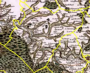 Vue d'une carte ancienne sur laquelle sont dessinées des limites territoriales contemporaines.