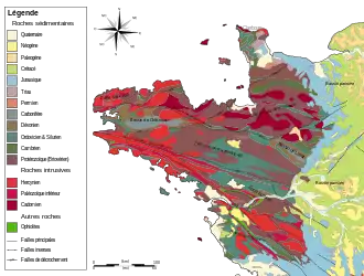 Carte géologique de l'Ouest de la France, Angers est à cheval entre Massif armoricain et Bassin parisien.
