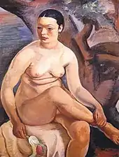 Sedící ženský akt se dvěma tulipány (1927).