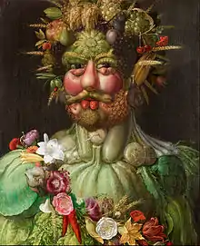 Portrait d'un homme barbu et chevelu à base de fruits et de légumes.