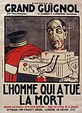 Affiche en couleurs d'une tête décapitée et d'une robe de magistrat posées sur un engin électrique.