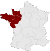 Le Grand Ouest français selon la zone de diffusion du quotidien Ouest-France et des chercheurs de l'Université de Caen.