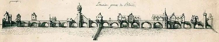Gravure du pont médiéval de Blois (Archives municipales)