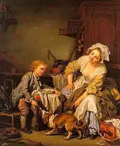 Tableau représentant à gauche un enfant assis donnant à manger à un chien, à droite une femme assise