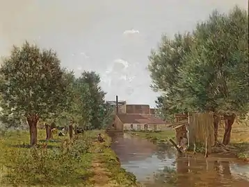 Lavandière à l'entrée d'une ville, localisation inconnue.