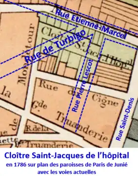 Hôpital Saint-Jacques sur plan Junié de 1786 avec les voies actuelles.