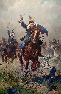 Portrait à cheval de Maximilian von Rodakowski à la tête des uhlans à la Bataille de Custoza (1866).