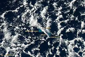 Image satellite des manifestations en surface de l'éruption du Havre le 19 juillet 2012.