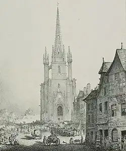 Charles Gousset :L'église et la place du marché vers 1850.