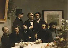 Tableau présentant un ensemble d'hommes en costume de ville, attablés dans un intérieur bourgeois.