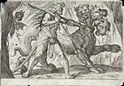 Gravure de Cerbère et Héraclès par Antonio Tempesta (Cereberum domat Hercules, publié en 1606). Musée d'Art du comté de Los Angeles.