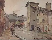 Tableau représentant l'intérieur du village de Samoëns. Il représente le virage d'une route, les maisons grises l'entourant et quelques silhouettes d'habitants devant elles.