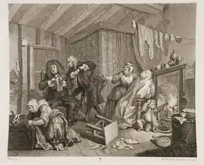 Moll est mourante de la syphilis, l'aspect cadavérique. Dr Richard Rock à gauche, cheveux noirs, et Dr Jean Misaubin à droite, se disputent sur le traitement. Une femme, peut-être la maquerelle de Moll, fouille dans une malle et s'empare de ses maigres biens. Son jeune fils, accroupi près de l'âtre, se dépouille la tête