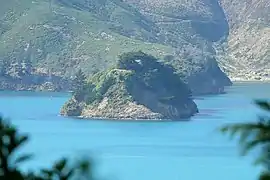 Photographie d'un îlot proche de la rive et vu depuis la rive opposée.