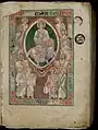Iesus et duodecim propetae minores (Jésus et les douze petits prophètes), miniature dans le goût des icônes byzantines avec frize aux motifs koufique et zoomorphes. Explanationes in Danihel prophetiam, Prophetas et Ecclesiasten : Commentaires sur la prophétie de Daniel, les douze petits prophètes et l'Ecclésiaste de Saint Jérôme, XIIe siècle, Dijon, Bibliothèque municipale, Ms 132, f. 2 R.