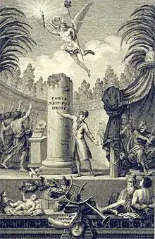 Un homme indique la maxime gravée sur une colonne. Le peuple acclame, deux puissants désapprouvent.