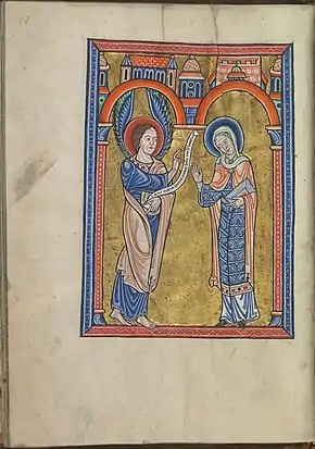 f14v : miniature du cycle avec la vie du Christ, l'Annonciation