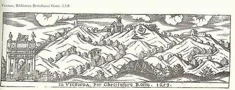 Gravure de Cristoforo Rosio, 1653 , avec l'arc de la Scalette, le Monte Berico, l'église et l'apparition de la Madone.