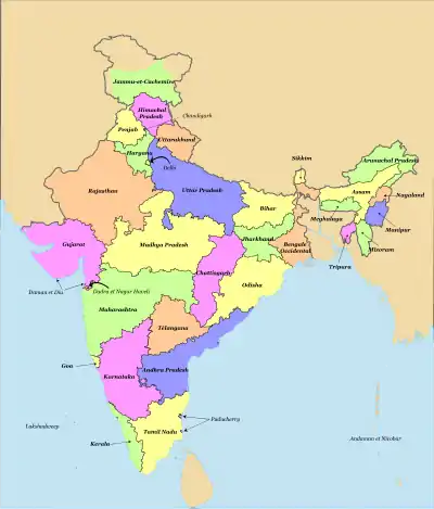 Les États indiens, avant la dissolution de l'État du Jammu-et-Cachemire.