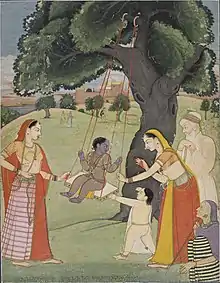 Krishna enfant sur une balançoire. Peinture Pahari de l'École de Guler (Himachal Pradesh), réalisée autour de 1755.