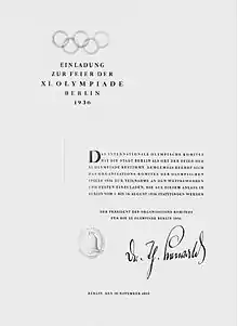 Invitation envoyée pour participer aux JO de 1936