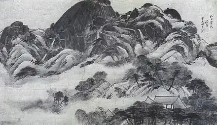 Éclaircie au mont Inwang après la pluie. Chŏng Sŏn (1676-1759). Encre sur papier, 1751. 79 × 138 cm. Musée d'art Ho-Am