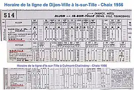 Horaire des lignes de Dijon à Is-sur-Tille et d'Is-sur-Tille à Culmont-Chalindrey en 1956.