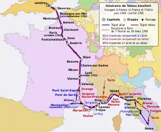 carte schématique indiquant les étapes du voyage, aller-retour, depuis Londres jusqu'à Rome