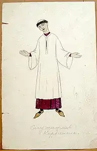 Trois dessins d'Ivan Bilibine pour Le Miracle de Théophile, réalisés à la gouache et au crayon, conservés au Bakhrushin Museum (en) de Moscou.
 
Description des illustrations:
*  À gauche: Costume de scène 1. Scapulaire monastique (22,5 x 11,1 cm).
*  Au centre : Costume de scène 2. Aube de prêtre (22,5 x 14,3 cm).
*  À droite: Décor. Fond de scène.