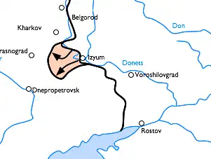 Le front de l'Est en mai 1942. Le saillant d'Izioum est coloré en rose.