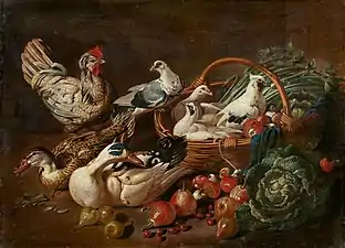 Grande nature morte avec légumes, fruits, pigeons, canards et un coq.