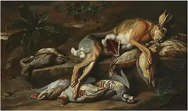 Nature morte avec un lièvre et d'autres gibiers morts.