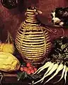 Fiasco à cordons horizontaux. Détails d'une nature morte de Jacopo Chimenti, seconde moitié du XVIe&nbsp;siècle.