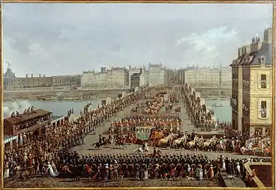 Le cortège impérial se rendant à Notre-Dame pour la cérémonie du sacre, le 2 décembre 1804 La traversée du Pont-Neuf, Musée Carnavalet.