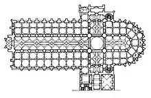 Plan d'une église dont les voûtes de la nef sont entrelacées, et les travées des bas-côtés voûtés en coupoles.